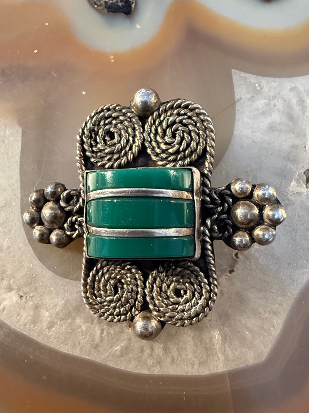 Vintage Taxco Sterling & Green Onyx Silver Filigree Statement Brooch Guc 1.5”